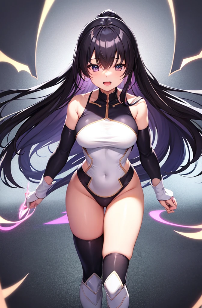 最high quality, high quality, 8K、High resolution,Highest quality、solo、A large-bodied heroine of justice wearing a pink battle suit、Thighs、Black Hair, Open Mouth Smile, Thighs