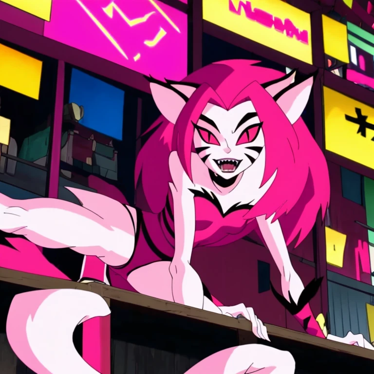 NyaNya, 1girl, solo, pink eyes, pink hair, pink skin, long hair, cat ears, pink sclera, cat tail, claws, slit pupils, pink lips, whisker markings, pink leotard, fangs, bare shoulders, choker, best quality, masterpiece, park