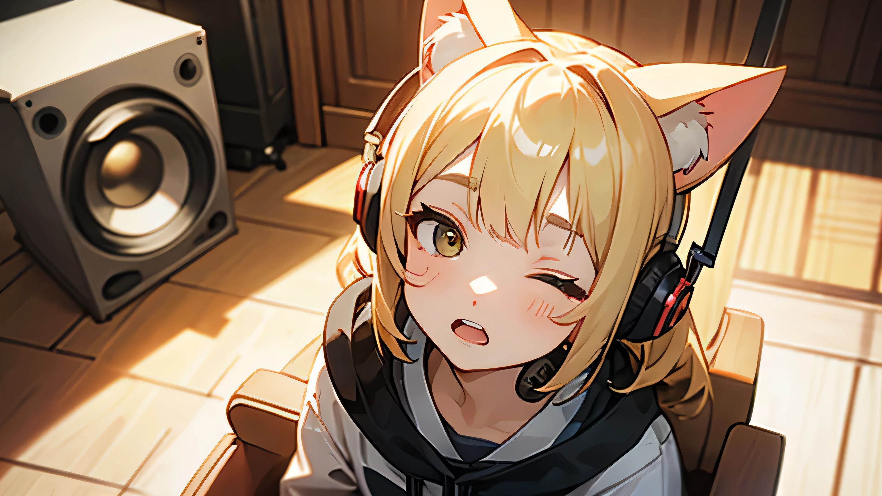 Room with speakers、Cat with headphones、Face close-up、noon、Blonde、Looking up with open mouth、Sitting in a chair、One eye closed