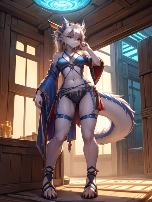 （Fembot Dragon), standing, Solo,, Detailed scale texture, Bedroom, (Cyberpunk), (tribe outfit, ), (shoulders down,Leg underwear),Plastic sandals,Silver-white body,White belly, dawn, shaded, Dim environment, (drakgem), ((rakisha)), (kontanagamori)), (Upward view), It looks painful, [Simple background], Detailed pupils, Masterpiece artwork, Caustics, rim lit, Singlelightsource, Sharp shadows, solo portrait，finger claws, (digitgrade, toe claws), (Hanfu), by Inessa Garmash, greg rutkovsky, pino daeni, ruanjia