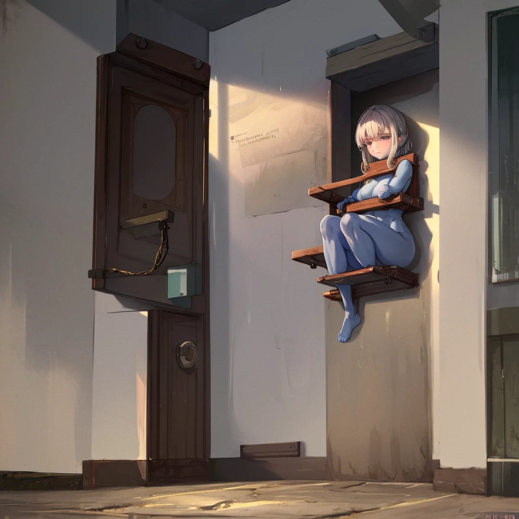 In the depths of the prison, a woman sits in her cell, her arms bound and her legs folded in an M-shape. The cold, damp walls seem to mock her, a constant reminder of her captivity. She longs for , but for now, all she can do is sit and wait, her mind consumed with thoughts of escape.