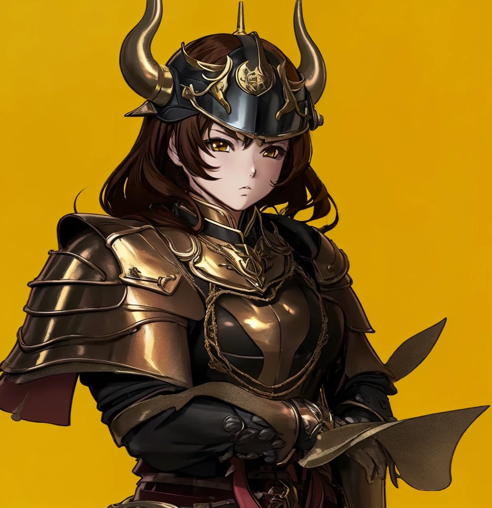 (1girl:1.3), (exceptional, best aesthetic, new, newest, best quality, anime, waifu:1.2), master piece, best quality, ultra detailed, absurdres, highres, colored, good anatomy, brown hair, woman breast, sexy, Japanese armor, steel helmet, horns on helmet, trident insignia on helmet,