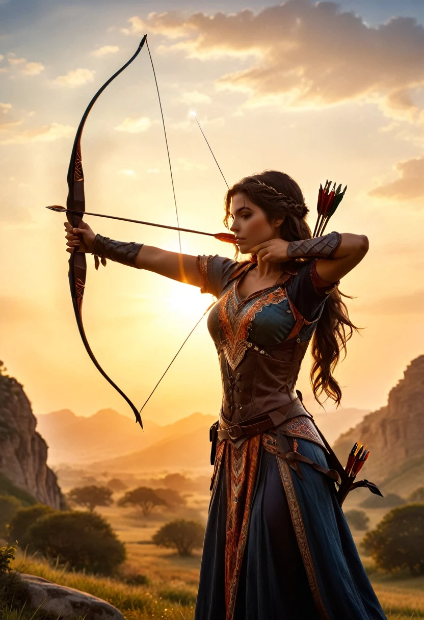 a watercolor illustration of a exquisite beautiful female archer, (silhouette artwork: 1.3), ready for action as the sun rises, fantasy art, ), sun rising behind the archer, ready to act,  ultra feminine, with a long curvy hair, dynamic clothing, intricate clothes, , sting drawn to the cheek , arrow ready to be shot, (tip of the arrow glimmers in the sun: 1.3), sunrays, divine rays, high details, best quality, 16k, [ultra detailed], masterpiece, best quality, (extremely detailed), dynamic angle, Aiming a Bow, bow (weapon)