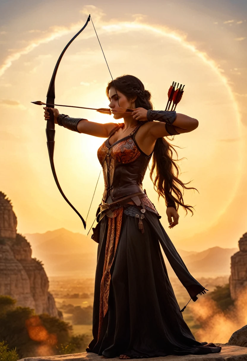 a watercolor illustration of a exquisite beautiful female archer, (silhouette artwork: 1.3), ready for action as the sun rises, fantasy art, ), sun rising behind the archer, ready to act,  ultra feminine, with a long curvy hair, dynamic clothing, intricate clothes, , sting drawn to the cheek , arrow ready to be shot, (tip of the arrow glimmers in the sun: 1.3), sunrays, divine rays, high details, best quality, 16k, [ultra detailed], masterpiece, best quality, (extremely detailed), dynamic angle, Aiming a Bow, bow (weapon)