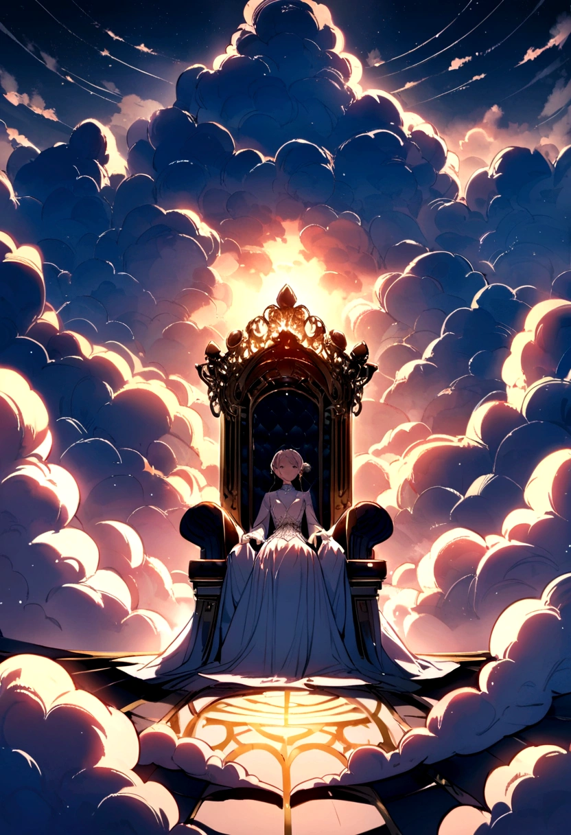 Throne made of clouds , in the sky , front perspective