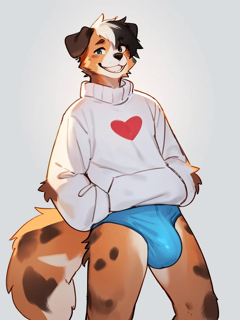 By bebebebebe, by lostgoose, by goonie-san, solo, male, standing, white knit sweater with heart on it, oversized sweater, blue briefs, (hair, snout), australian shepherd, smiling, happy, happy tail, humongous bulge