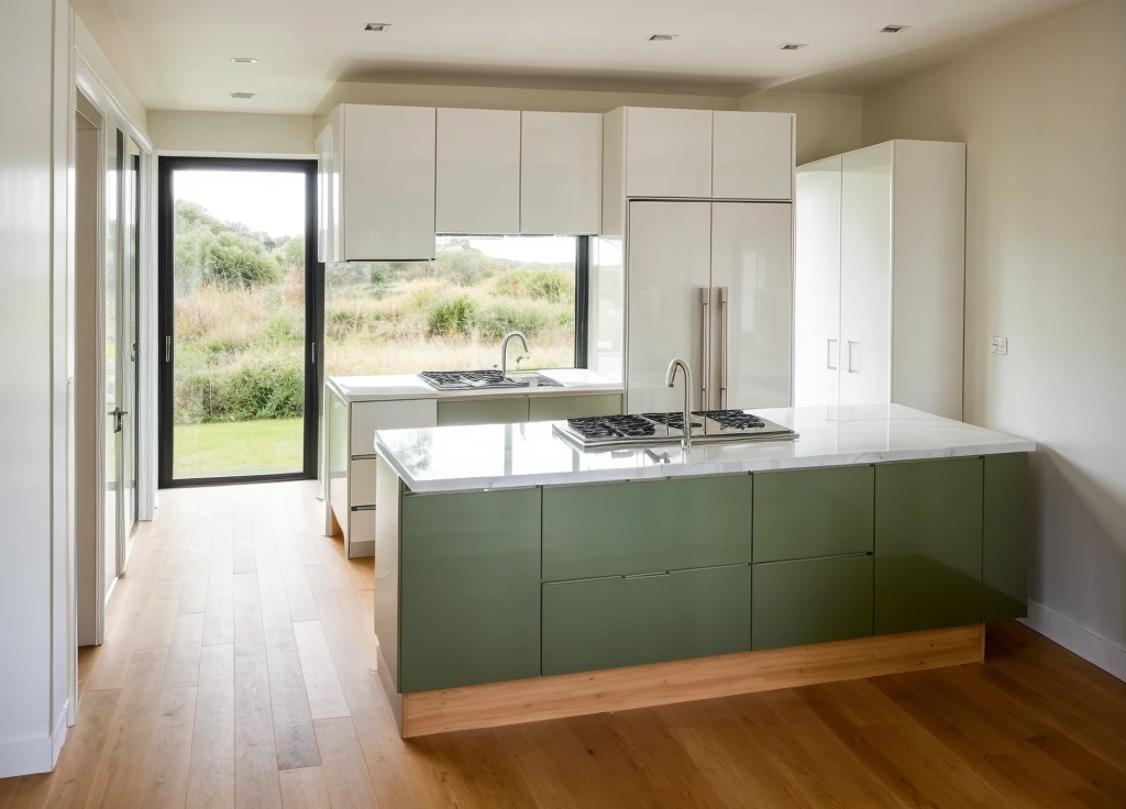 interior kitchen, modern style, timber floor, light army green and white cabinets, white marble, ((timber frame window: 1,2)), (silver fridge,) oven, pendants, light, realistic photo, high quality photo, (masterpiece),(realistic: 1.2),