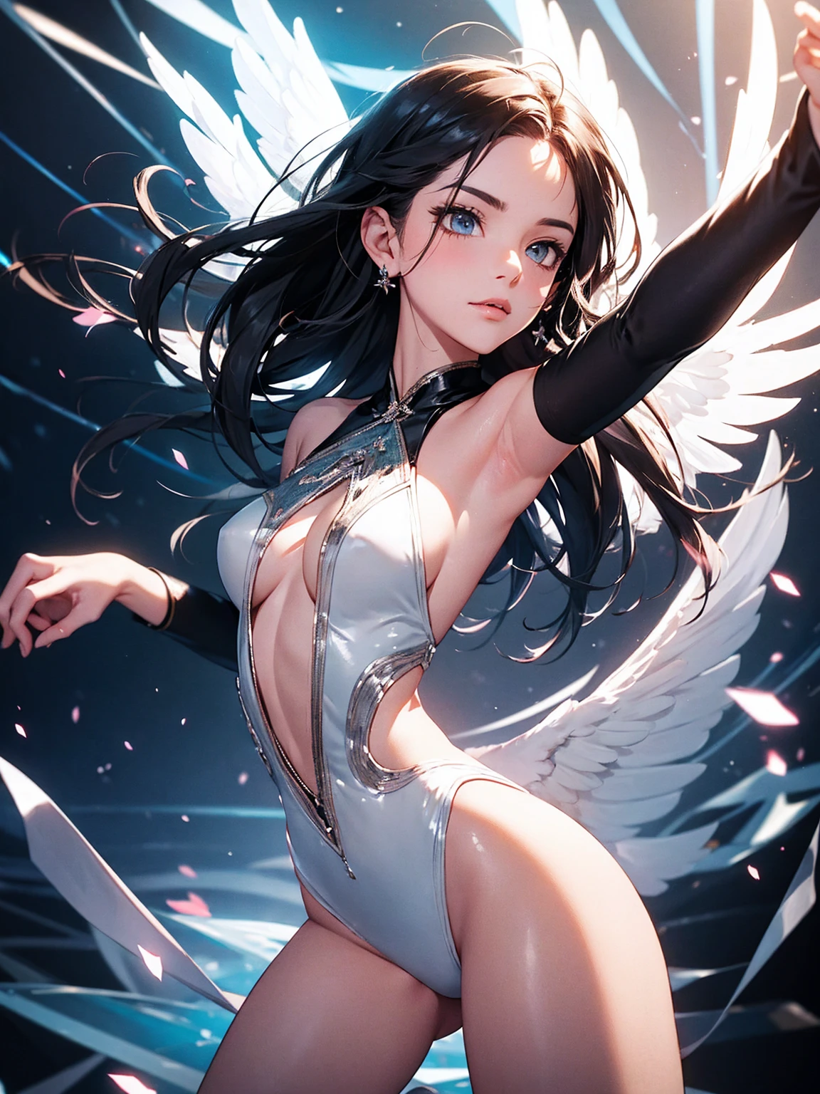 ((Full shot)) Angelic beauty, fantastic and mysterious light. Cyber, dancing on ice.