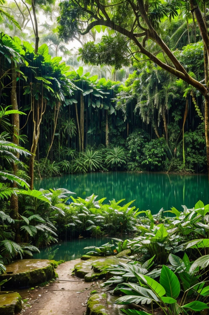 A humid jungle that has a rainy climate, that has vegetation with many trees, abundant vines, palms and climbing plants. A lake with freshwater fish, insects on trees and birds flying