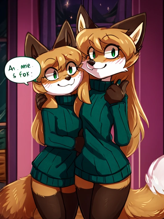 by reysi, ((deailed green eyes)), Best quality, super detailed illustration, warm colors, Ideal lighting, beautiful and detailed portrait of an anthropomorphic vixen ((female)), anthro fox girl, body fur, chest fluff, flat chest, sassy, sassy hips, sexy, cute, nice, hot, wide hips, (a duo of Fluffy girls Posing for a picture together fox:1.6), (fur:1.5) ,smug face, disheveled thick hair, long stockings, legs adorned in colorful fabric, striped thigh highs, black long sleeve sweater, in a cozy room, tricky glance, slim, perfect body, rainy, night, wet fur, speech bubble, heart, hearts