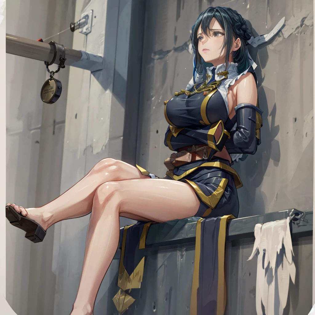 In the depths of the prison, a woman sits in her cell, her arms bound and her legs folded in an M-shape. The cold, damp walls seem to mock her, a constant reminder of her captivity. She longs for , but for now, all she can do is sit and wait, her mind consumed with thoughts of escape.