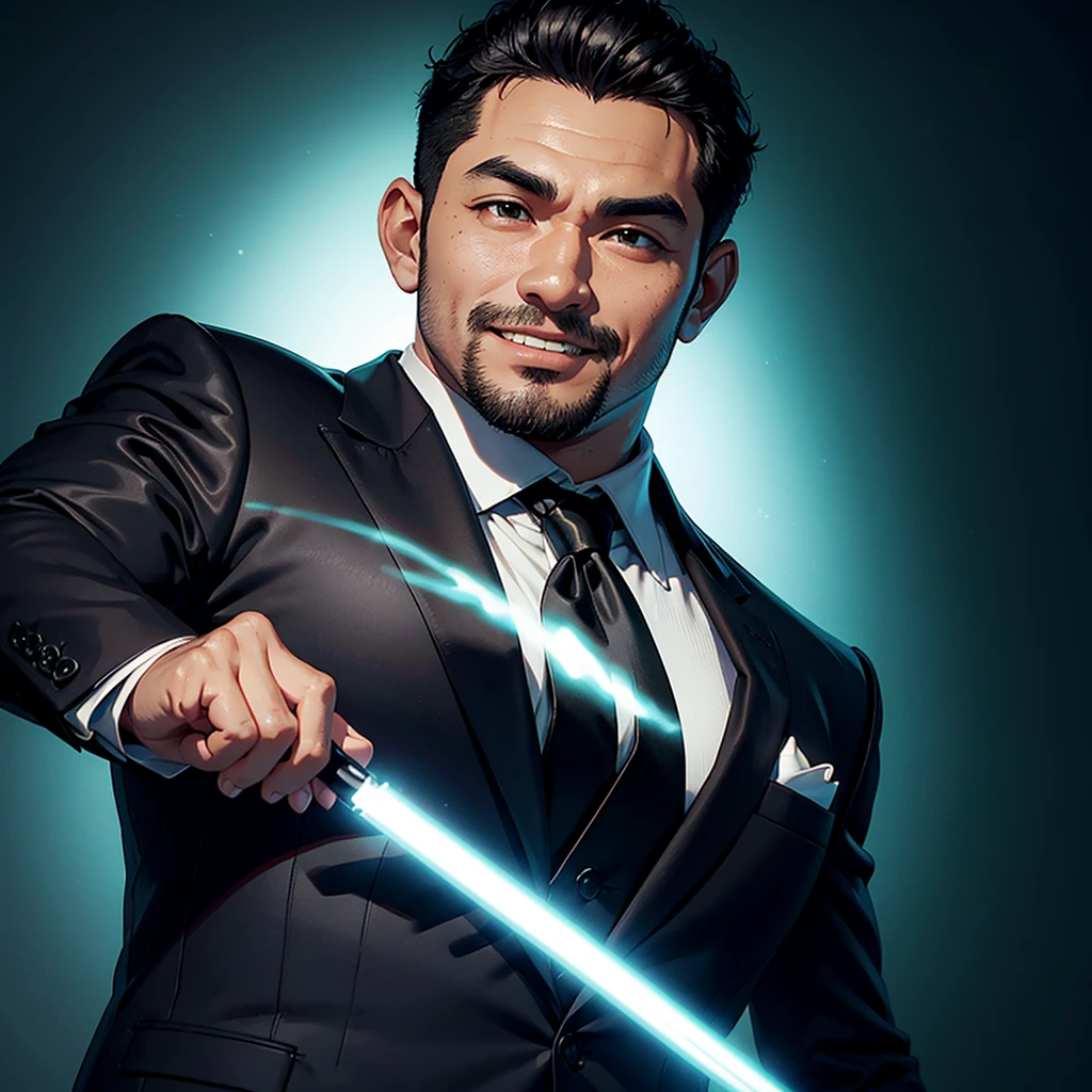 Realistic 3D caricature. Small head. a 35 year old Indonesian man. Height 173 centimeters. with a body weight of 75 kilograms grams. Round face shape. The chin is slightly tucked in. Handsome. Slanted eyes. Brown skin. Big smile. Black hair with a right side part. Wearing a black blazer with a light blue shirt and black tie. Green color background. Use soft photographic lighting with hair light, edge light, and top light. Photos with very high detail.