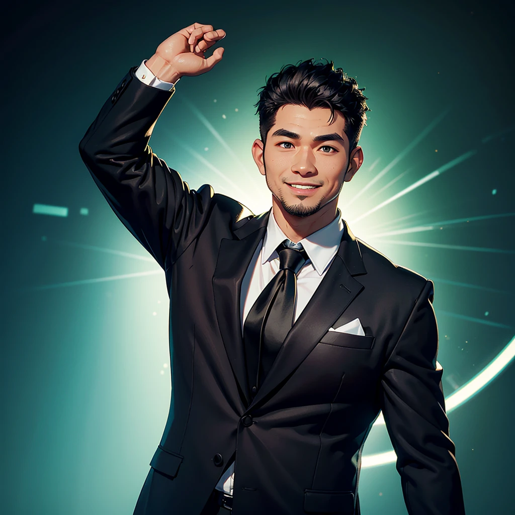 Realistic 3D caricature. Small head. a 35 year old Indonesian man. Height 173 centimeters. with a body weight of 75 kilograms grams. Round face shape. The chin is slightly tucked in. Handsome. Slanted eyes. Brown skin. Big smile. Black hair with a right side part. Wearing a black blazer with a light blue shirt and black tie. Green color background. Use soft photographic lighting with hair light, edge light, and top light. Photos with very high detail.