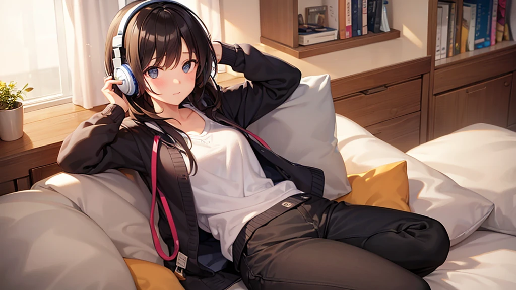 Girl listening to music with headphones in her room at home i am studying Open a book
