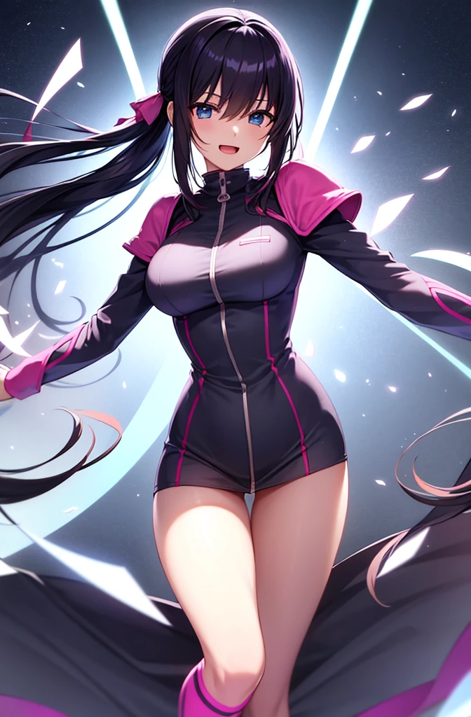 最high quality, high quality, 8K、High resolution,Highest quality、solo、A very tall heroine of justice wearing a pink battle suit.、Thighs、Black Hair, Open Mouth Smile, Thighs