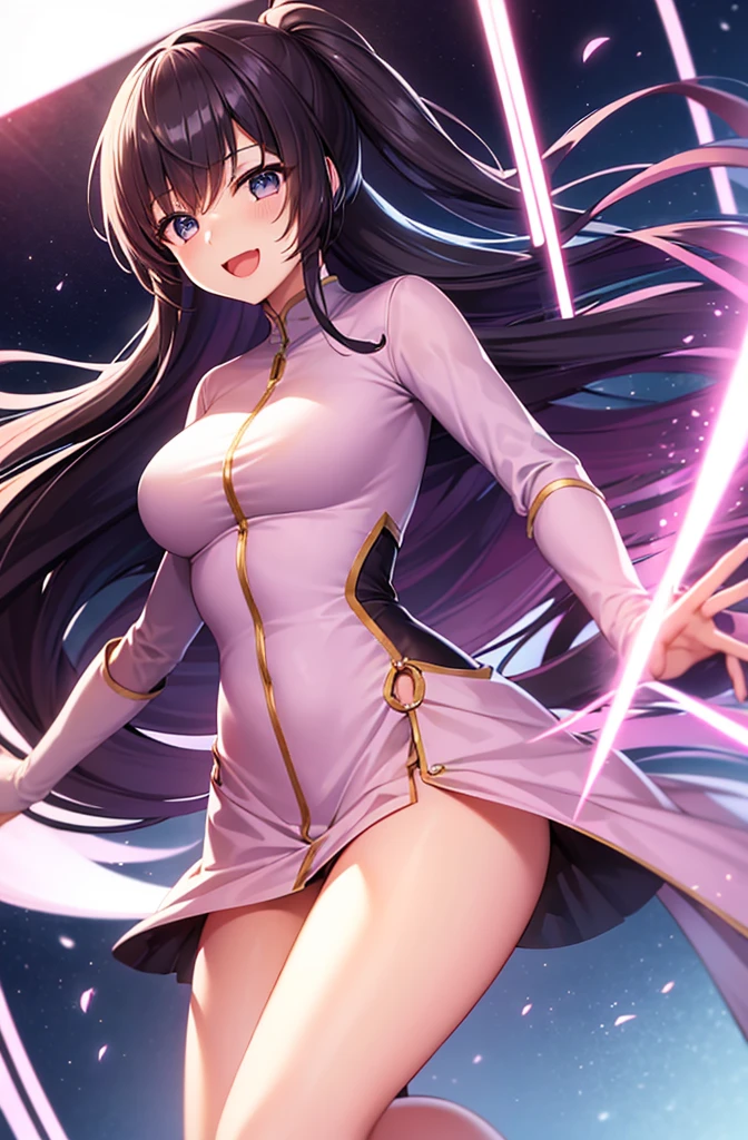 最high quality, high quality, 8K、High resolution,Highest quality、solo、A very tall heroine of justice wearing a pink battle suit.、Thighs、Black Hair, Open Mouth Smile, Thighs