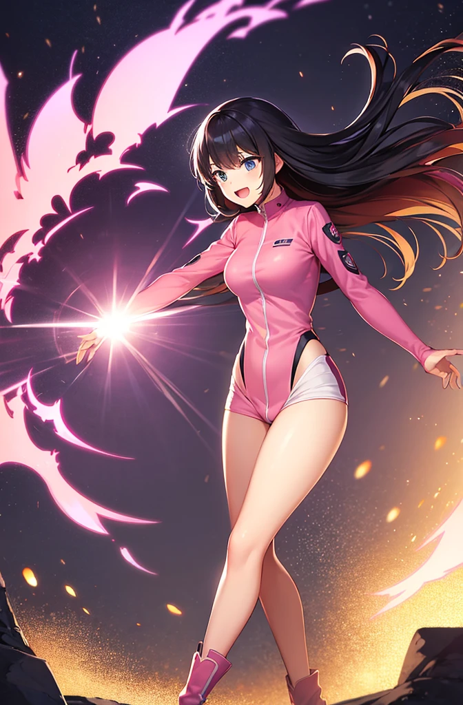 最high quality, high quality, 8K、High resolution,Highest quality、solo、A very tall heroine of justice wearing a pink battle suit.、Thighs、Black Hair, Open Mouth Smile, Thighs