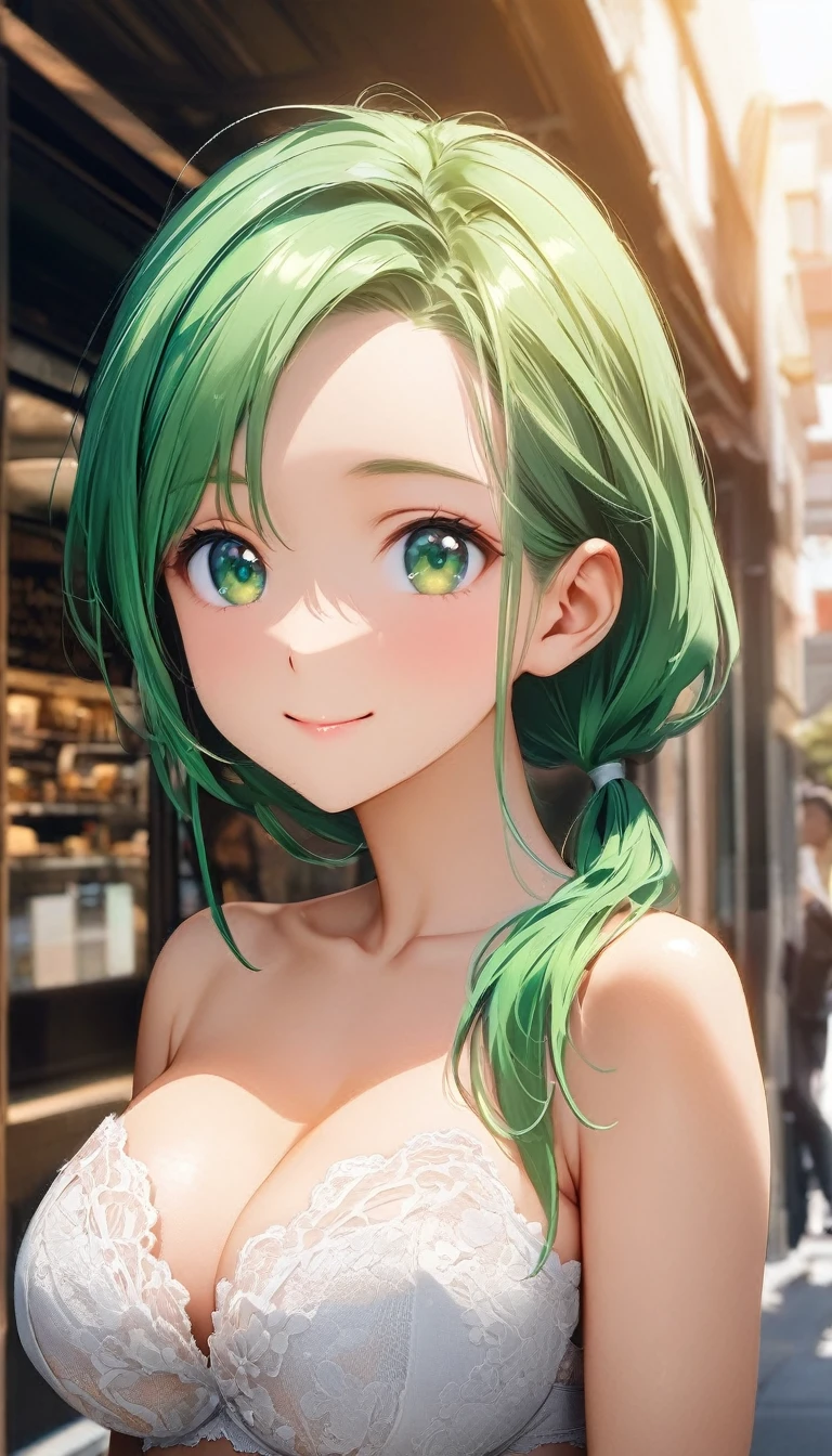 portrait, high saturation, extremely high resolution photo keyvisual, charming girl, green hair, parted bangs, short low ponytail, green eyes, clear face, big breasts, standing, smile, strapless white lace bra, white lace panties, cafeside sidewalk,