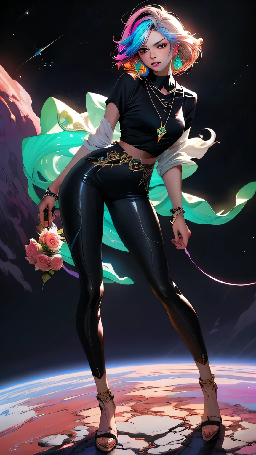 Close-up of a woman with colorful hair and necklace, Anime girl with space-like hair, The gentle vitality of rose roses, Gubes-style artwork, Fantasy art style, colorful], Vivid fantasy style, Ross draws vibrant cartoons, cosmic and colorful, Gwaiz, colorful digital fantasy art, Great art style, Beautiful anime style, Full body lighting, Skin Brightness, Sexy look, (Dynamic pose)､ masterpiece, 最high quality, high quality, High resolution､((Full body portrait))､Full body portrait､