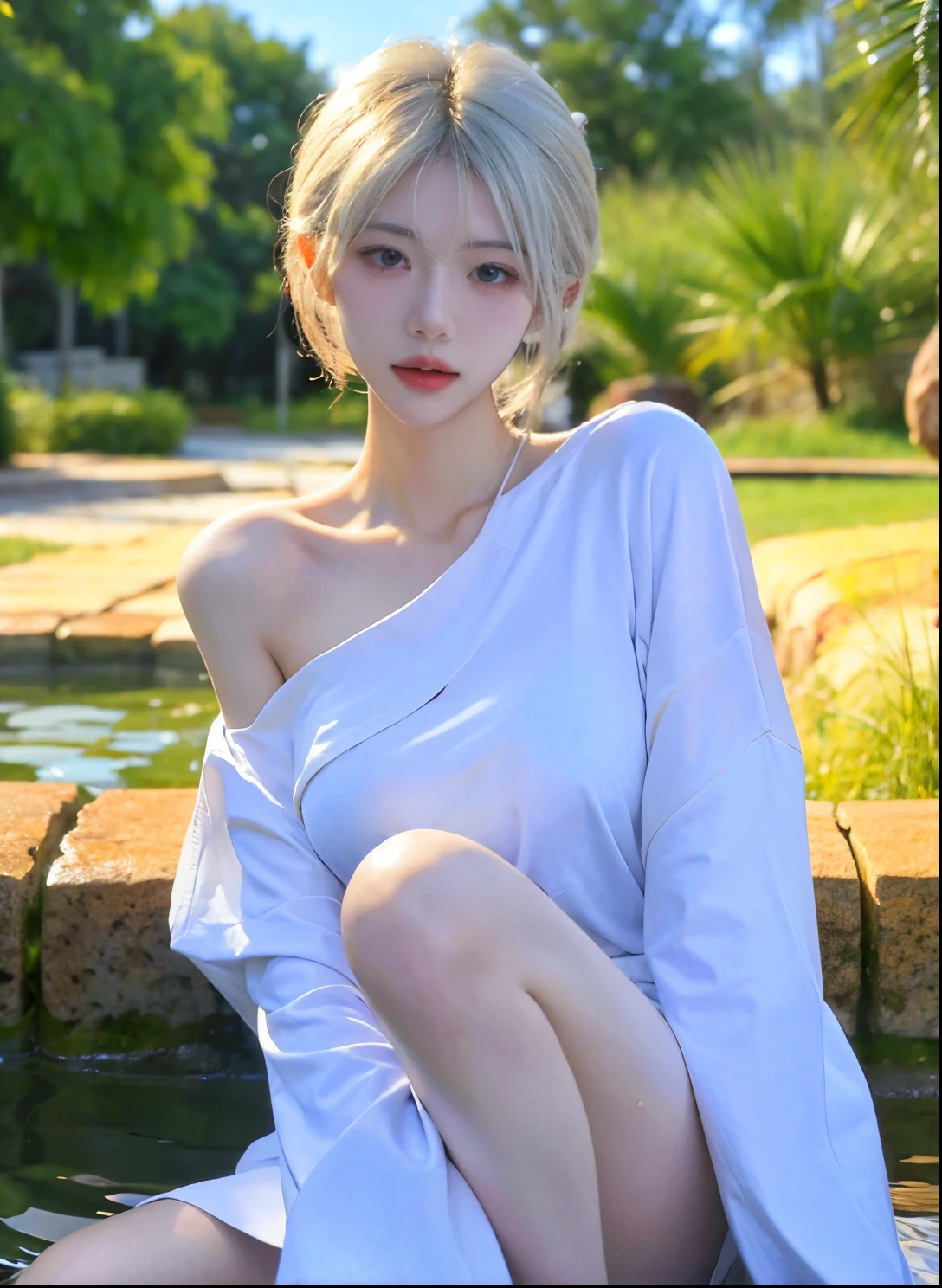 Beautiful woman with perfect figure:1.4,Swimming background,Desert Background,Ultra-high resolution,Seductive laughter,wear glasses,White legs,(lifelike:1.4),Layered Hairstyle,White皮肤,Super short pleated skirt,whole body,Very delicate face and skin texture,Double eyelids,Skin Whitening,Long hair,White hair,White,