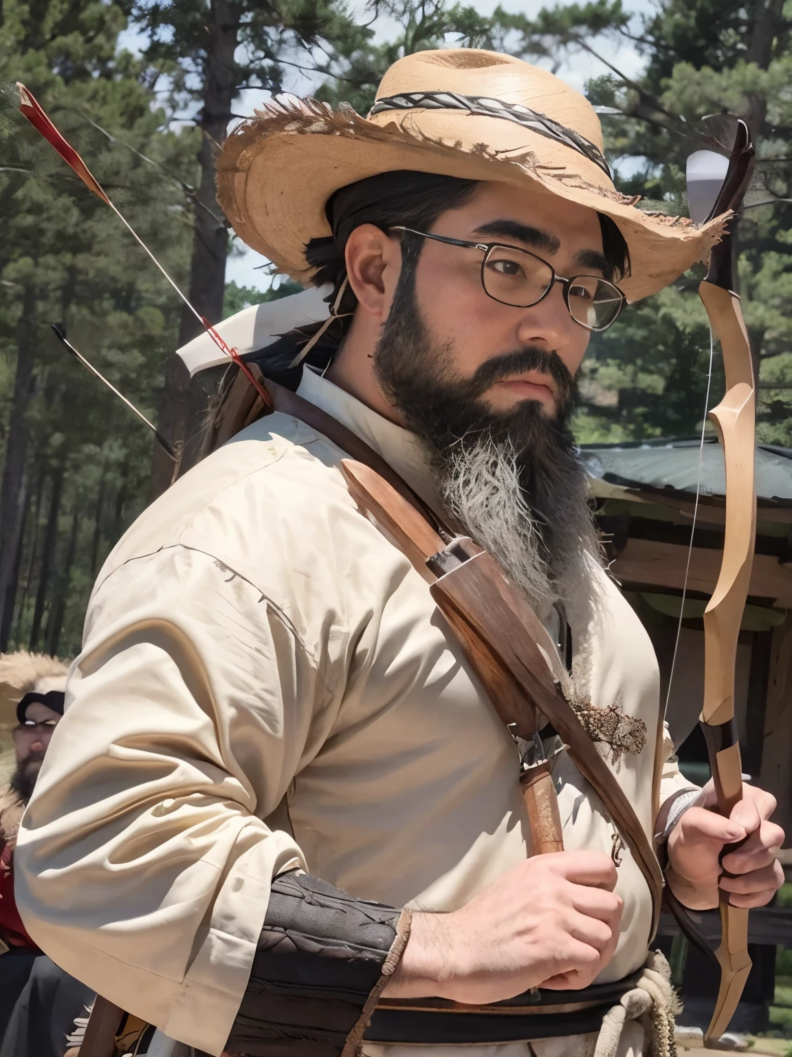 archery,beard, Glasses, 独奏, 1boy, hat, holding, weapon, male focus, holding weapon, facial hair, sheath, beard, Forest background, bow \(weapon\), arrow \(projectile\), holding bow \(weapon\), (quiver), aiming, holding arrow, (drawing bow)