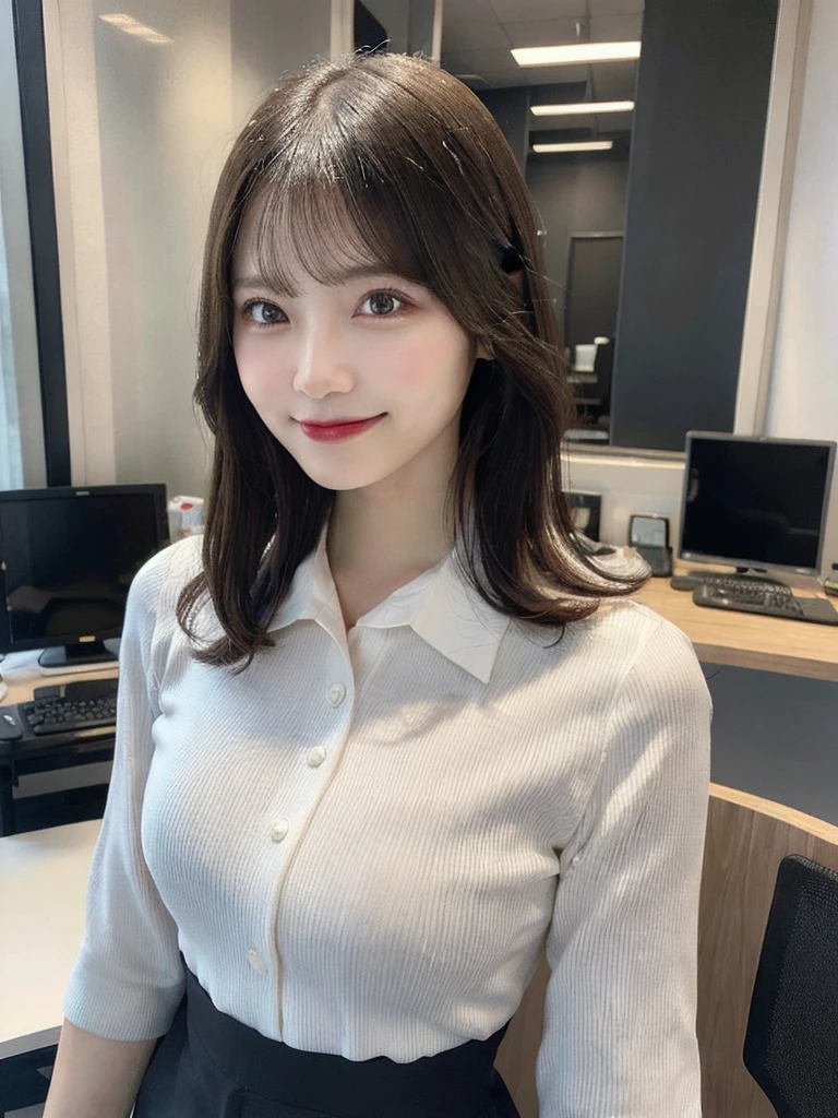 masutepiece, Best Quality, Illustration, Ultra-detailed, finely detail, hight resolution, 8K Wallpaper, Perfect dynamic composition, Beautiful detailed eyes, Business jacket,Bob Hair, mid-chest, Natural Color Lip, Random and sexy poses,Smile,20 years girl Colossal tits、business shirt、s Office、personal computers、Composition from the front