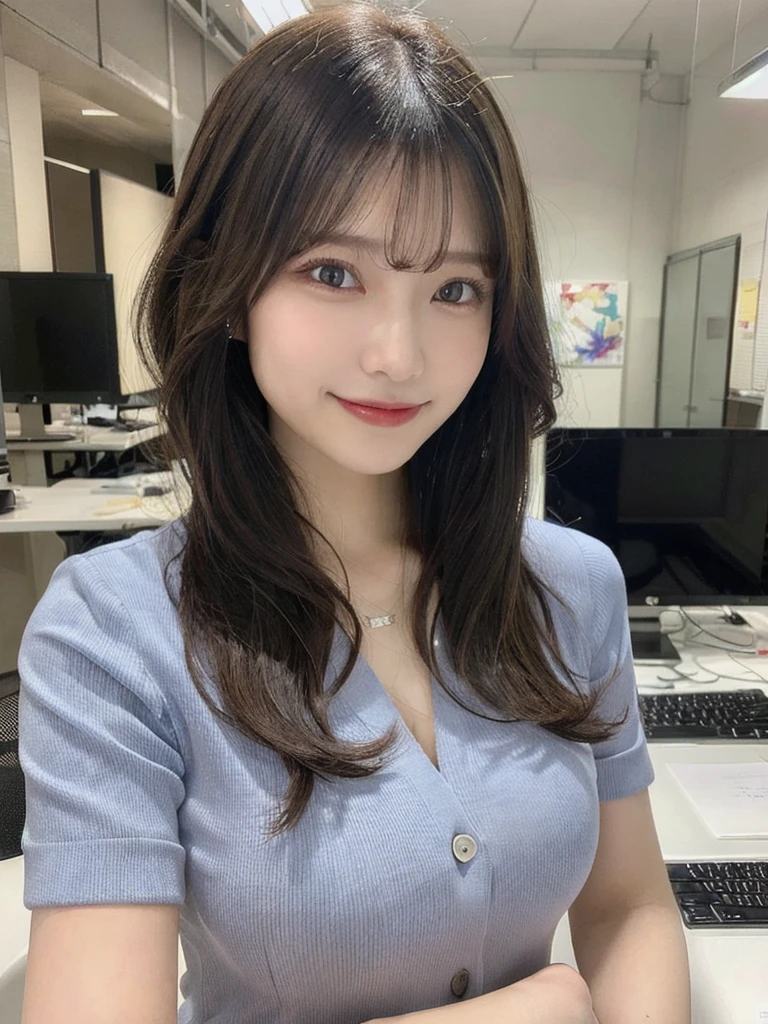 masutepiece, Best Quality, Illustration, Ultra-detailed, finely detail, hight resolution, 8K Wallpaper, Perfect dynamic composition, Beautiful detailed eyes, Business jacket,Bob Hair, mid-chest, Natural Color Lip, Random and sexy poses,Smile,20 years girl Colossal tits、business shirt、s Office、personal computers、Composition from the front