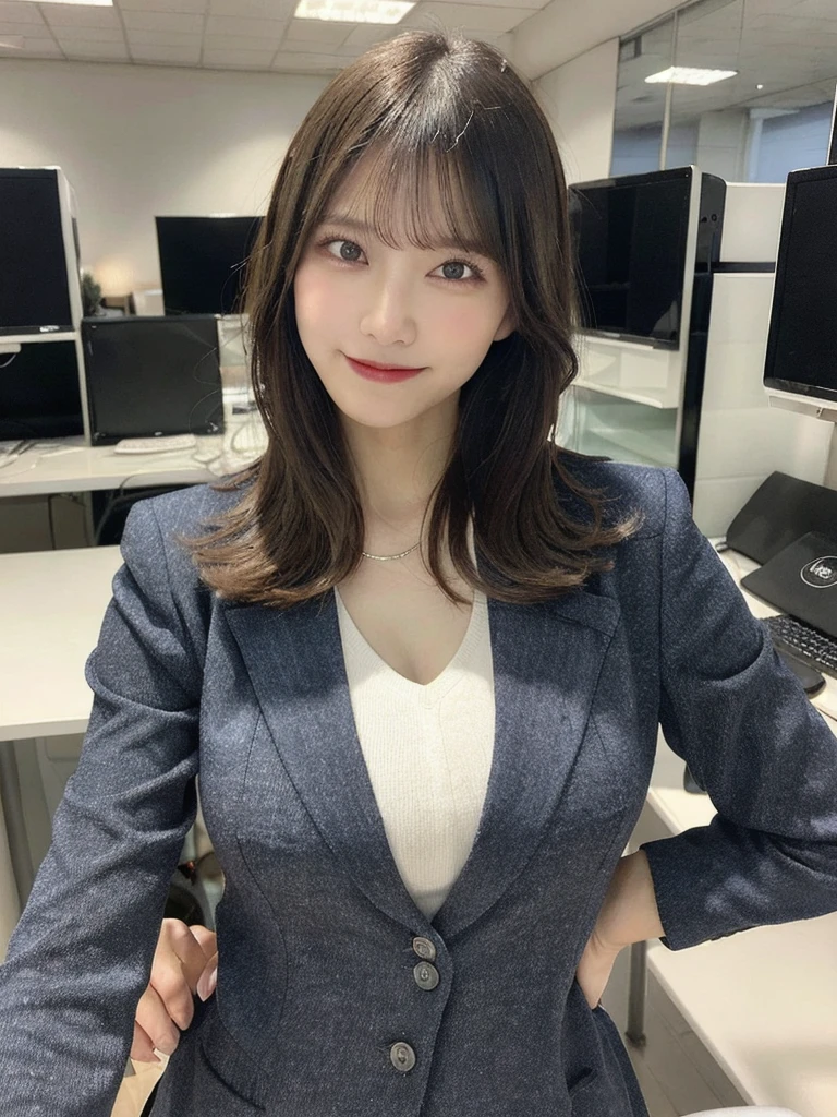 masutepiece, Best Quality, Illustration, Ultra-detailed, finely detail, hight resolution, 8K Wallpaper, Perfect dynamic composition, Beautiful detailed eyes, Business jacket,Bob Hair, mid-chest, Natural Color Lip, Random and sexy poses,Smile,20 years girl Colossal tits、business shirt、s Office、personal computers、Composition from the front