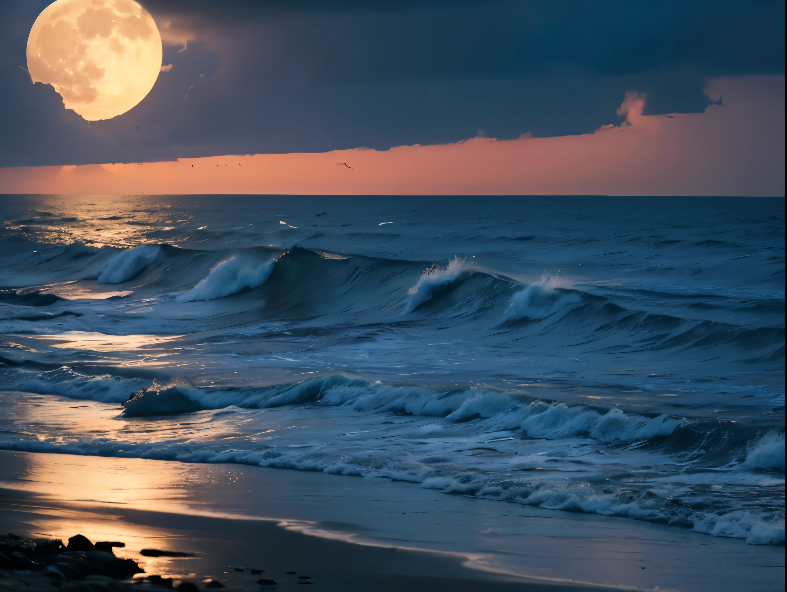 a beautiful full moon over a serene ocean, waves crashing against the shore, a stunning coastal landscape, dramatic sky with clouds, dramatic lighting, photorealistic, cinematic, highly detailed, 8k, hyper realistic, digital art, matte painting, concept art, dramatic lighting, moody atmosphere, vivid colors, (best quality,4k,8k,highres,masterpiece:1.2),ultra-detailed,(realistic,photorealistic,photo-realistic:1.37),dramatic lighting,moody atmosphere,cinematic composition,awe-inspiring,breathtaking