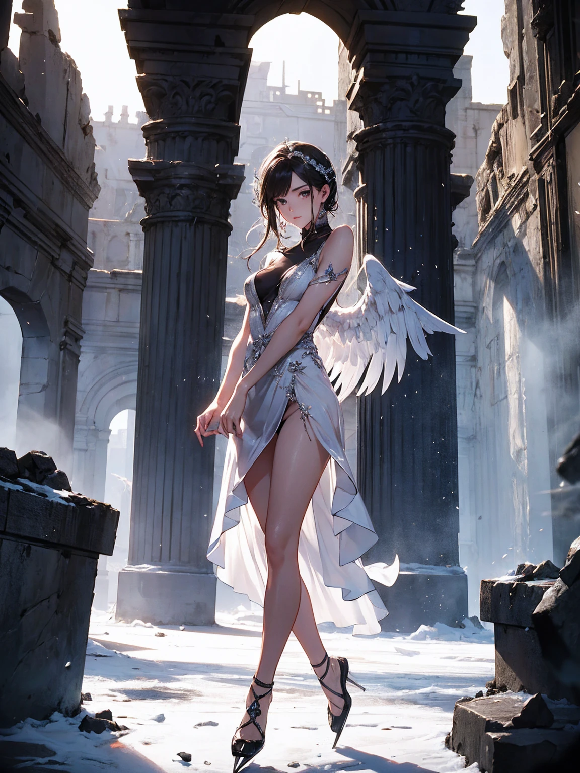 ((Full shot)) Angelic beauty, fantastic and mysterious light. Cyber, dancing on ice.