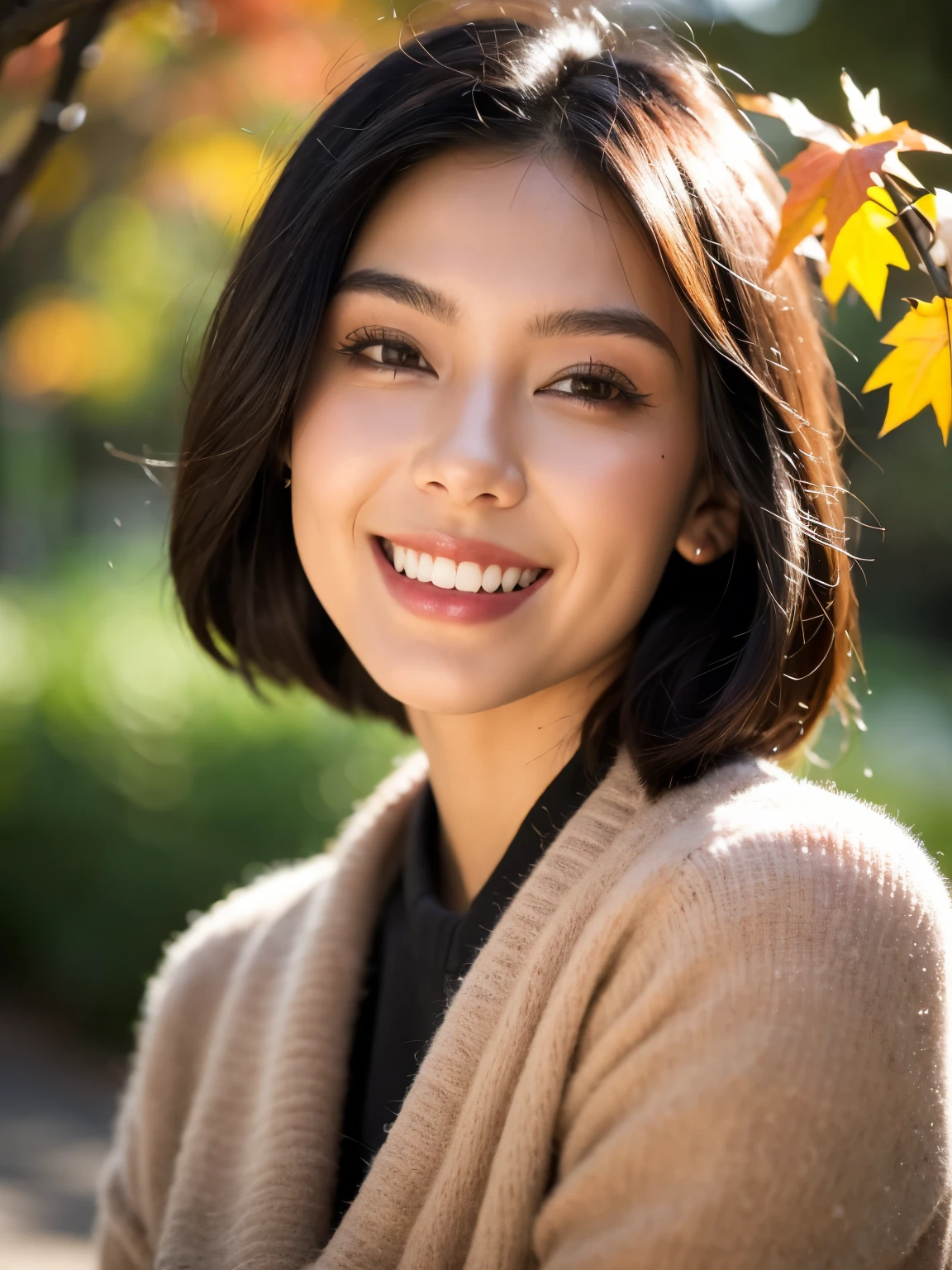 22（young）、Black Hair Bob、natural and light makeup、Autumn、smiling expression、、Natural finish、For autumn leaves、portrait photography、cute little