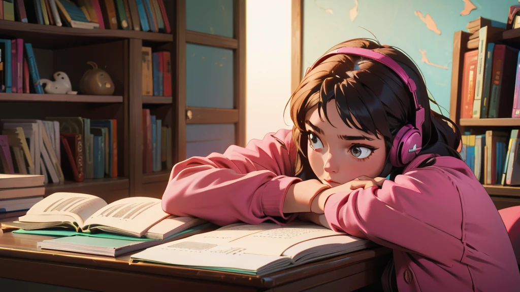 Girl listening to music with headphones in her room at home i am studying Open a book