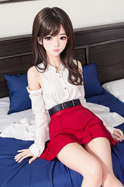 Highest quality、masterpiece、High sensitivity、High resolution、Detailed Description、Slender women、Slim Body、Being pushed onto the bed、The skirt is turned up.、I can see your panties、