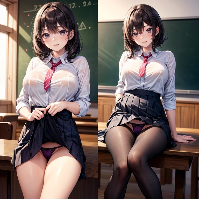 (Highest quality), Super detailed), (Ultra High Resolution 8K), High-definition facial beauty, ((Skirt Lift)), ((A girl with a lovely smile and a sexy female teacher)), (Big Breasts), Detailed summer clothing, No sleeve, loafers, leggings, Showing off purple panties , (Blushing, Embarrassing:1.3), Very hot day, ((Seduce her by sitting at the lectern)), Panties that are damp
