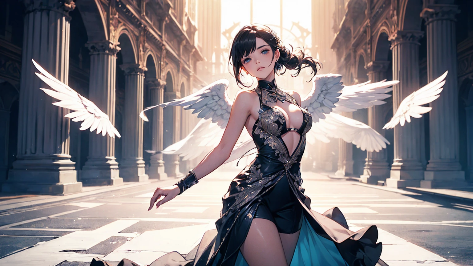 ((Full shot)) Angelic beauty, fantastic and mysterious light. Cyber, dancing on ice, ruins tens of thousands of years old,