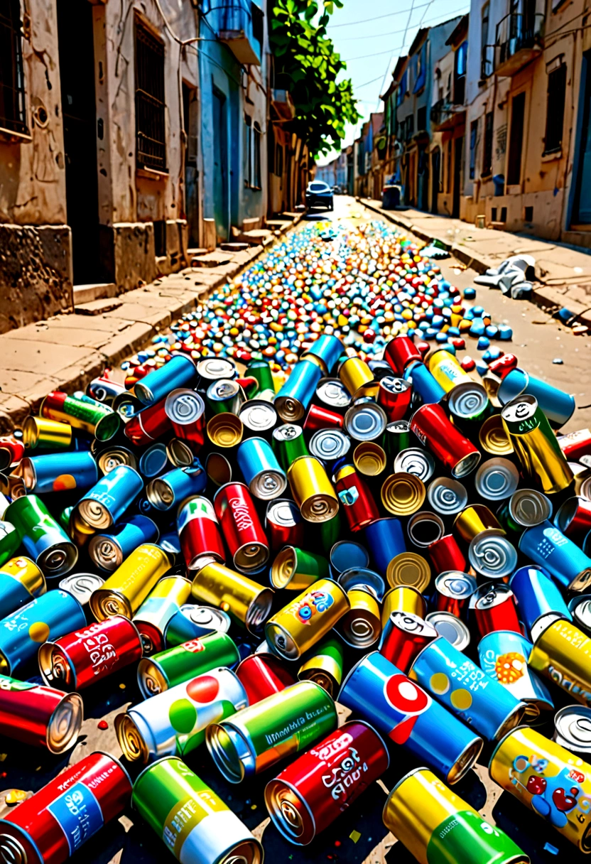 Environmental issues,SDGs, Super Long Shot,Innovative and surreal art, A large number of cans scattered on the street,Cat, dog,