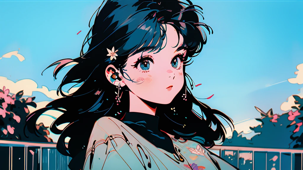 Beautiful flowers are blooming、One cool woman、Looking straight at the camera、The blue sky is spreading、radio