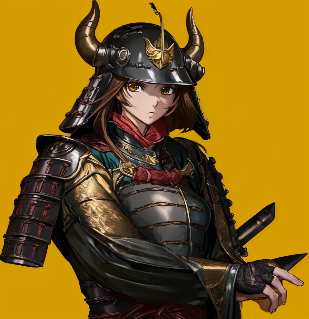 (1girl:1.3), (exceptional, best aesthetic, new, newest, best quality, anime, waifu:1.2), master piece, best quality, ultra detailed, absurdres, highres, colored, good anatomy, brown hair, woman breast, sexy, Japanese armor, steel helmet, horns on helmet, trident insignia on helmet,