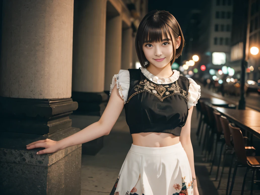(8K, RAW Photos:1.2), Detailed face and eyes,最high quality, Ultra-high resolution, Very detailed ,Intricate details ,Tabletop ,pretty girl ,Round eyes、 Soft cinematic light, Hyper Detail,Sharp focus, high quality, Brown Hair,((Bobcut))、(Straight bangs)、City of night、Night view、 ((White crop top))、((Black、mini skirt))、”dwarf”、(Full Body Shot)、Waist、 can see your thighs)、Cowboy Shot、Smile、Floral clothes、Clothes with short sleeves、((Large Breasts))、