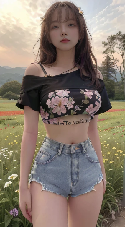 a closeup of a woman in a field of flowers, CropTop, with short torn t-shirt, crop top, vistiendo un crop top sexy, wearing crop top, usando un crop tops, wearing a crop top, wearing a beautiful top, beautiful top, usando un crop top, open chest clothing, the smallest abdomen ever seen, kawaii shirt and jeans