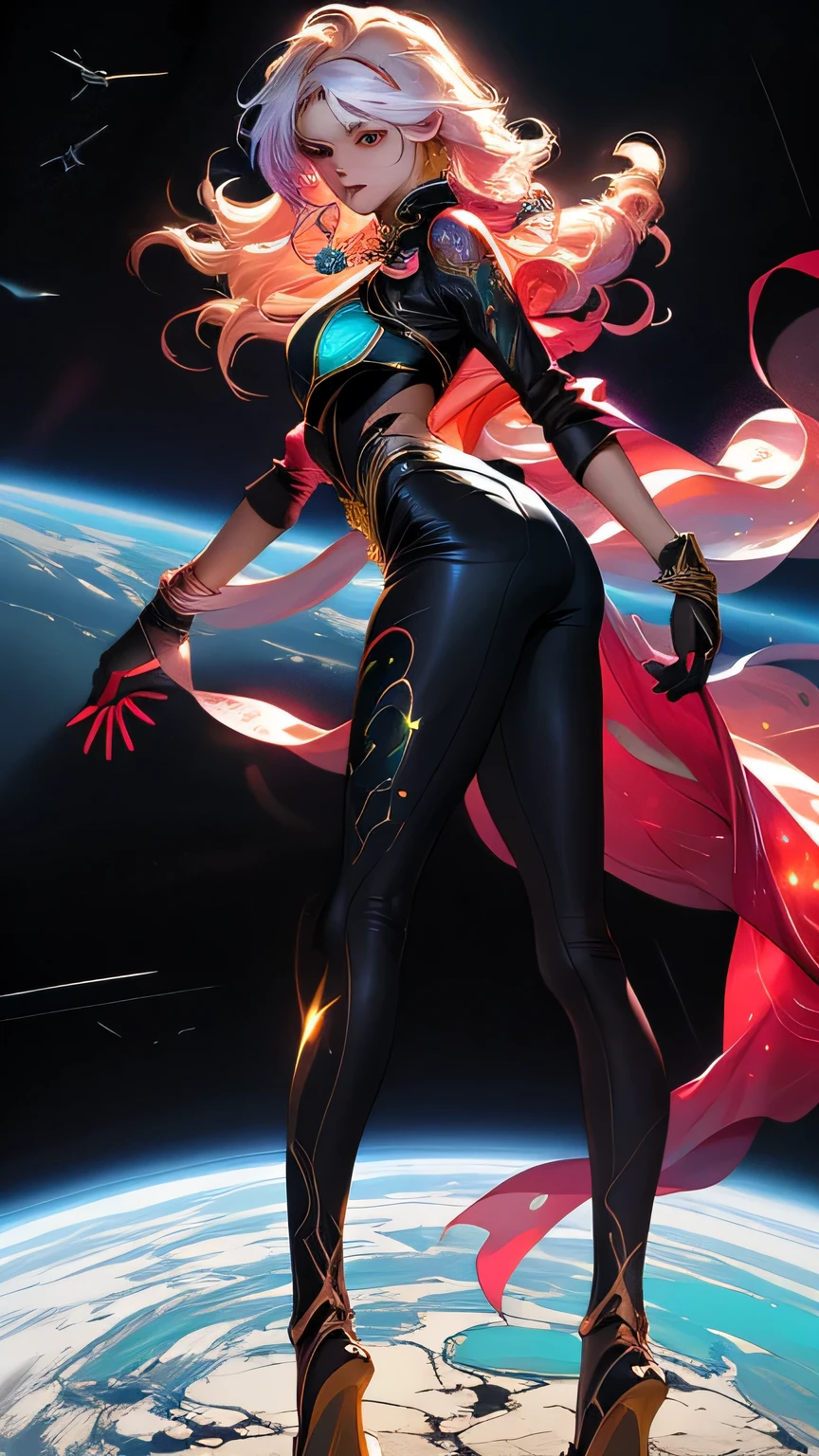 Close-up of a woman with colorful hair and necklace, Anime girl with space-like hair, The gentle vitality of rose roses, Gubes-style artwork, Fantasy art style, colorful], Vivid fantasy style, Ross draws vibrant cartoons, cosmic and colorful, Gwaiz, colorful digital fantasy art, Great art style, Beautiful anime style, Full body lighting, Skin Brightness, Sexy look, (Dynamic pose)､ masterpiece, 最high quality, high quality, High resolution､((Full body portrait))､Full body portrait､