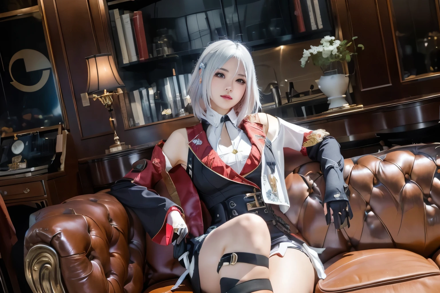 there is a woman sitting on a couch with a cup of coffee,white hair, anime girl cosplay, cosplay photo, cosplay, anime cosplay, from final fantasy xiii, ayaka cosplay, taken with canon eos 5 d mark iv, captured on canon eos r 6, 2b, 2 b, taken with canon 8 0 d, taken with canon eos 5 d