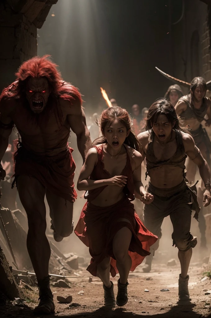 A war scene, On the right side of the image, brighter lighting, with angelic beings,
And on the left side of the image, a more reddish tone, with several demonic beings running
