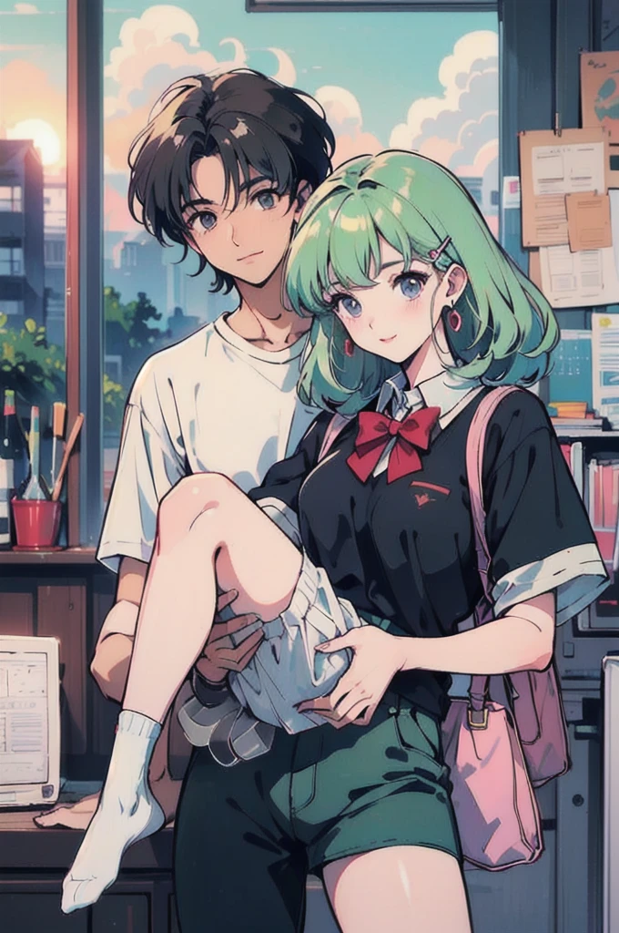  (masterpiece, Highest quality), (anime, figure), (pastel colour:1.4), 
2DLive、vtuber、Cheerful face、smile、One high school girl、、On the road、sunset、Detailed Hair、Light green hair with pink inner color、Wavy Hair、Gradient Hair、Green Hair、Side braids、hair like clouds、Soft Hair、Two Side Up Hair、Faint lighting、There is movement、Lively and active、Gold hair clip、loose socks、Checked skirt、Carrying a school bag、
