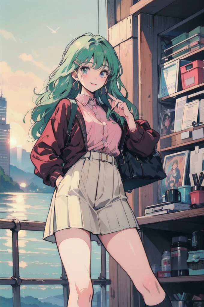 (masterpiece, Highest quality), (anime, figure), (pastel colour:1.4),
2DLive、vtuber、Cheerful face、smile、One high school girl、、On the road、sunset、Detailed Hair、Light green hair with pink inner color、Wavy Hair、Gradient Hair、Green Hair、Side braids、hair like clouds、Soft Hair、Two Side Up Hair、Faint lighting、There is movement、Lively and active、Gold hair clip、loose socks、Checked skirt、Carrying a school bag、