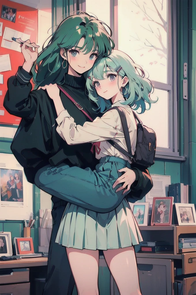  (masterpiece, Highest quality), (anime, figure), (pastel colour:1.4), 
2DLive、vtuber、Cheerful face、smile、One high school girl、、On the road、sunset、Detailed Hair、Light green hair with pink inner color、Wavy Hair、Gradient Hair、Green Hair、Side braids、hair like clouds、Soft Hair、Two Side Up Hair、Faint lighting、There is movement、Lively and active、Gold hair clip、loose socks、Checked skirt、Carrying a school bag、