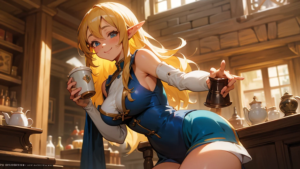 Anime Style,Nostalgic,Detailed background,The medieval world,A lively coffee shop with lots of people,Smiling bard beautiful elf girl holding coffee,Large Breasts,Healthy thighs,Underarm