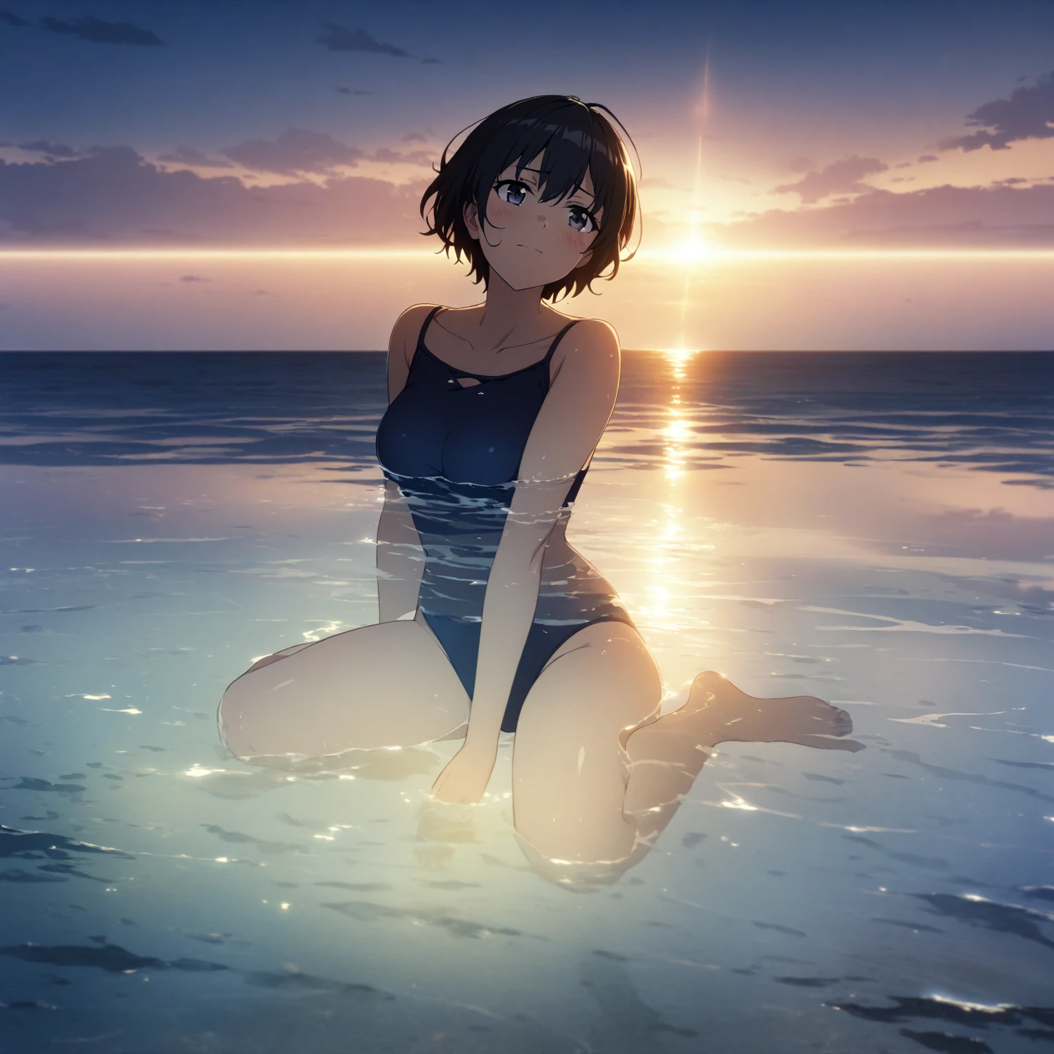 1girl、Black Hair、Navy blue swimsuit、Ocean、Oceanに浸かる、In the water、evening、Reflection on the water、透明なOcean、deep faint light 、 detailed CG、high resolution