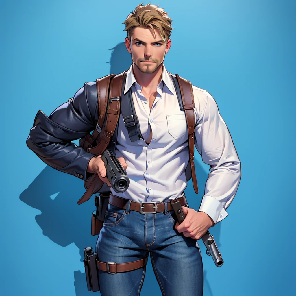 1 man, male focus solo, middle aged man,Stephen AMELL as private investigator, lean muscle,very light blue shirt, brown leather shoulder holster, faded vintage blue jeans with big bulge, full body shot, dark blond short hair, facial hair, holding a gun with two hands, (gun:1.2), ultra high quality, masterpiece, low camera angle, clear intense splashed blue and white paint in the blackground