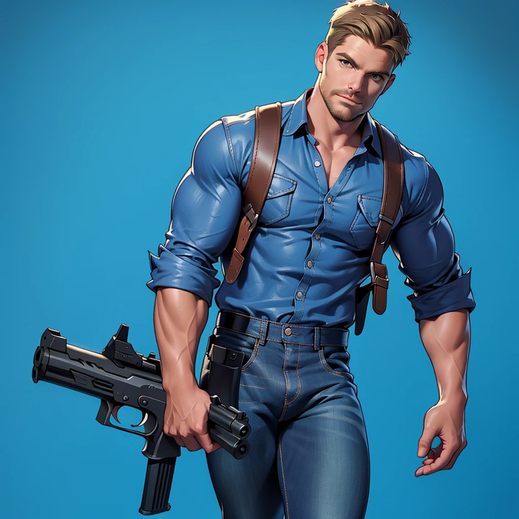 1 man, male focus solo, middle aged man,Stephen AMELL as private investigator, lean muscle,very light blue shirt, brown leather shoulder holster, faded vintage blue jeans with big bulge, full body shot, dark blond short hair, facial hair, holding a gun with two hands, (gun:1.2), ultra high quality, masterpiece, low camera angle, clear intense splashed blue and white paint in the blackground